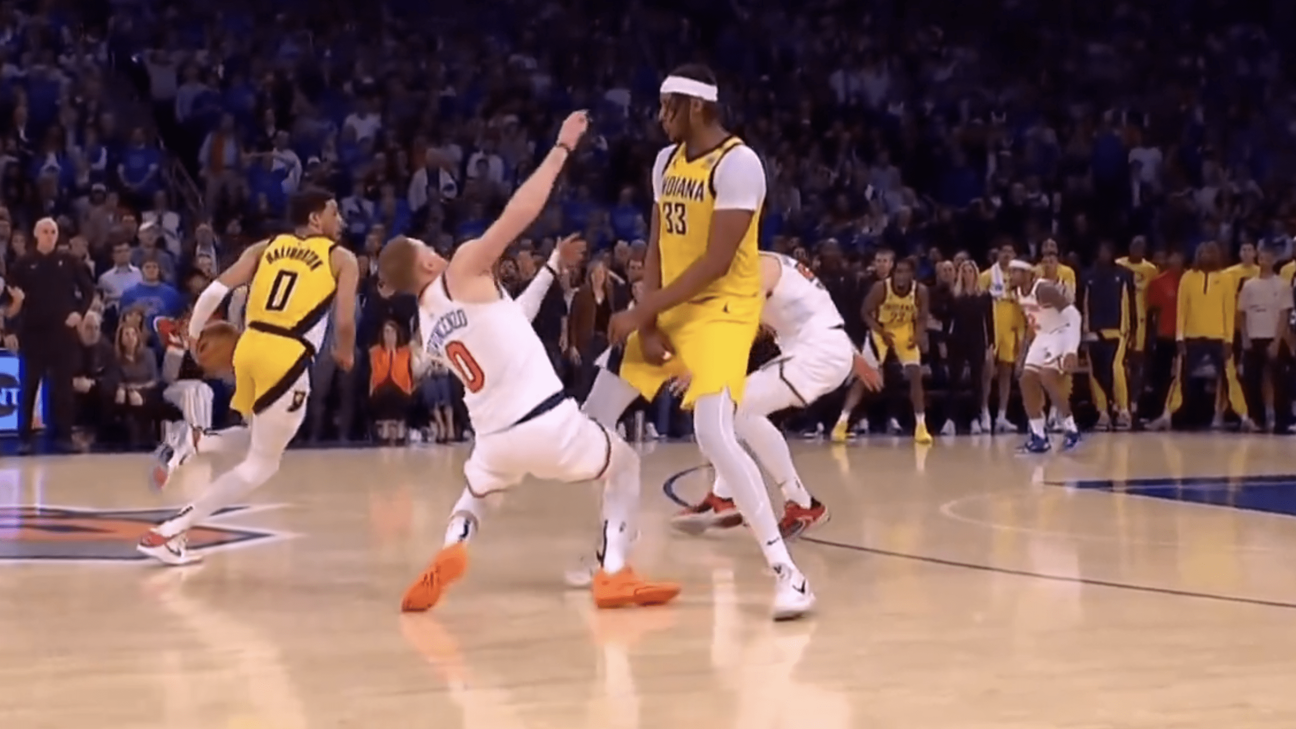 Pacers’ Miles Turner was called for a moving screen on Knicks’ Donte DiVincenzo in Game 1.