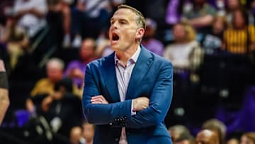 Feb 8, 2025; Baton Rouge, Louisiana, USA;  LSU Tigers head coach Matt McMahon gives direction against the Mississippi Rebels during the first half at Pete Maravich Assembly Center. Mandatory Credit: Stephen Lew-Imagn Images