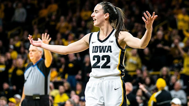 Iowa guard Caitlin Clark reacts during a NCAA Big Ten Conference women's basketball game against Indiana, Sunday, Feb. 26, 2023, at Carver-Hawkeye Arena in Iowa City, Iowa.