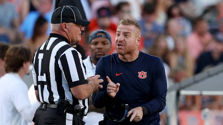 Sep 26, 2026; Auburn, Alabama, USA;  Auburn Tigers head coach Alex Golesh argues with a game official during the third quarter against the Vanderbilt Commodores at Jordan-Hare Stadium.  Mandatory Credit: John Reed-Imagn Images