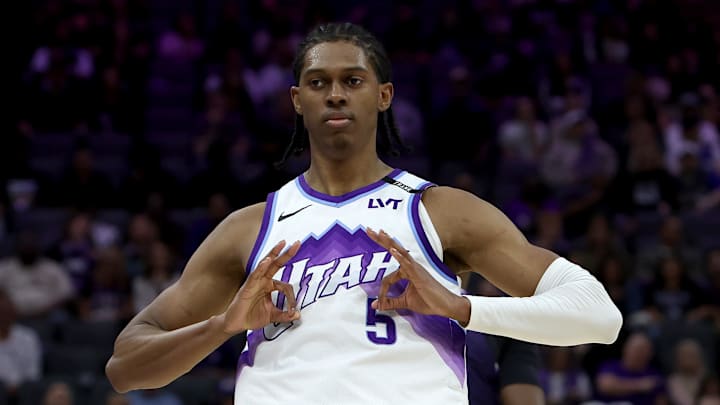 Mar 15, 2026; Sacramento, California, USA; Utah Jazz forward Cody Williams (5) reacts towards his bench after making a three-point basket against the Sacramento Kings during the fourth quarter at Golden 1 Center. Mandatory Credit: Dennis Lee-Imagn Images