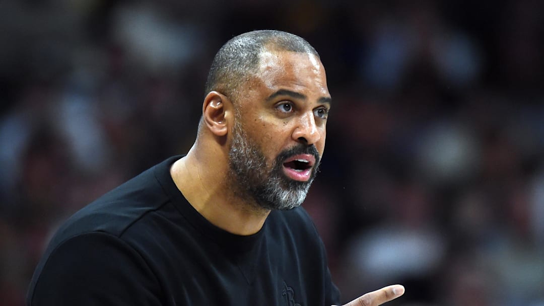 Dec 20, 2025; Denver, Colorado, USA; Houston Rockets head coach Ime Udoka yells rom the bench during the second half against the Denver Nuggets at Ball Arena. Mandatory Credit: Christopher Hanewinckel-Imagn Images