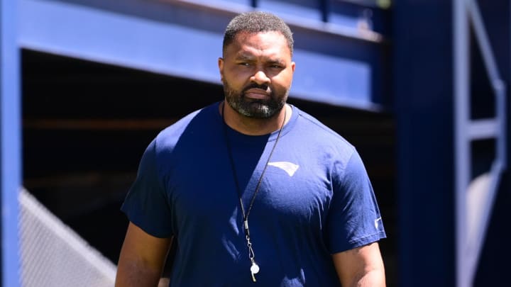 Jun 10, 2024; Foxborough, MA, USA; New England Patriots head coach Jerod Mayo walks to the microphones for a press conference at minicamp at Gillette Stadium. Mandatory Credit: Eric Canha-USA TODAY Sports