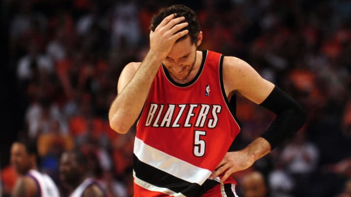 Apr 18, 2010; Phoenix, AZ, USA; Portland Trailblazers guard Rudy Fernandez (5) reacts during the third quarter in game one in the first round of the 2010 NBA playoffs against the Phoenix Suns at the US Airways Arena.  Mandatory Credit: Jennifer Stewart-USA TODAY Sports