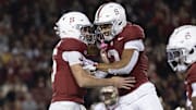 Oct 18, 2025; Stanford, California, USA;  Stanford Cardinal wide receiver CJ Williams (3) celebrates with quarterback Ben Gulbranson (15) after scoring a touchdown during the second quarter against the Florida State Seminoles at Stanford Stadium. Mandatory Credit: Stan Szeto-Imagn Images