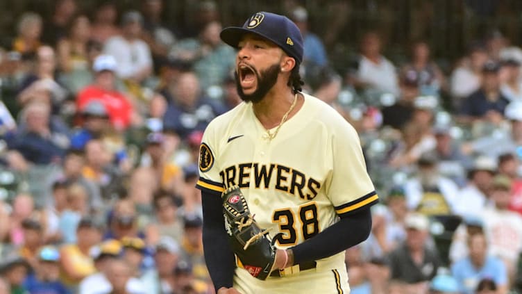 Aug 23, 2023; Milwaukee, Wisconsin, USA;  Milwaukee Brewers pitcher Devin Williams (38) 