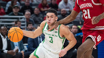 Oregon guard Jackson Shelstad led all scorers with 18 points as the Ducks worked their way past a physical Indiana squad at the Gainbridge Fieldhouse in Indianapolis.
