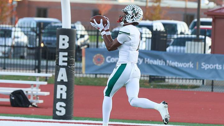 Lawrence North Monshun Sales (1) does some practice pass receptions as Lawrence North took on Lawrence Central in the S6 IHSAA high school football sectional semifinal, Nov 1, 2024; Indianapolis, IN, USA; at Lawrence Central High School.