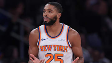 Oct 24, 2025; New York, New York, USA;  New York Knicks guard Mikal Bridges (25) reacts after making a basket  during the third quarter against the Boston Celtics at Madison Square Garden. Mandatory Credit: Vincent Carchietta-Imagn Images