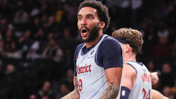 Feb 5, 2025; Brooklyn, New York, USA;  Washington Wizards forward Justin Champagnie (9) reacts after getting called for a foul in the third quarter against the Brooklyn Nets at Barclays Center. Mandatory Credit: Wendell Cruz-Imagn Images