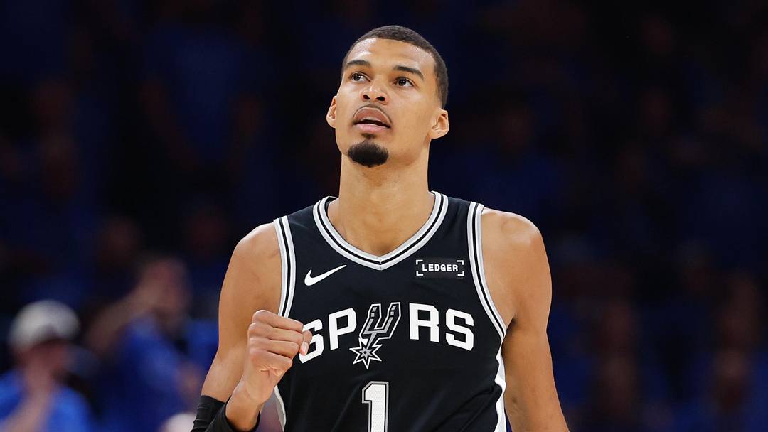 May 18, 2026; Oklahoma City, Oklahoma, USA; San Antonio Spurs center Victor Wembanyama (1) looks on in the third quarter against the Oklahoma City Thunder during game one of the western conference finals for the 2026 NBA playoffs at Paycom Center. Mandatory Credit: Alonzo Adams-Imagn Images