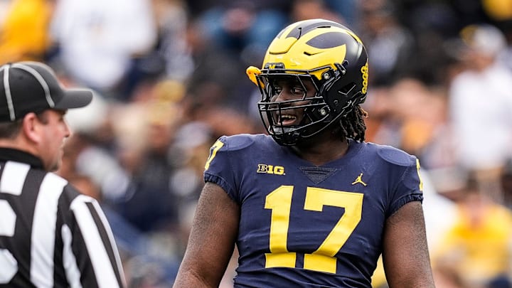 Michigan defensive lineman Enow Etta (17) during the first half of the spring game at Michigan Stadium in Ann Arbor on Saturday, April 19, 2025.