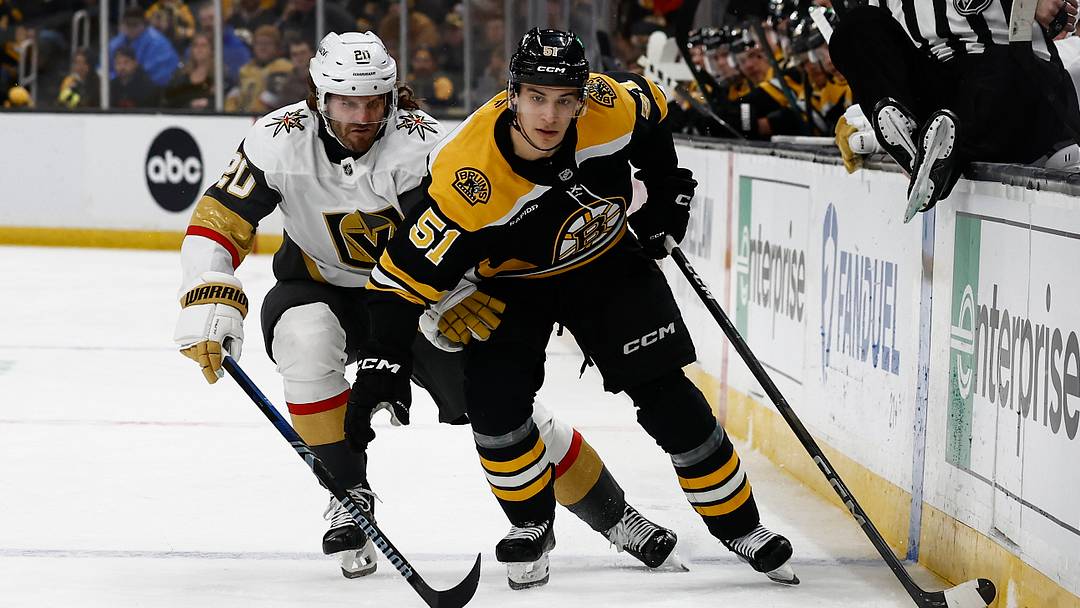 Feb 8, 2025; Boston, Massachusetts, USA; Boston Bruins center Matt Poitras (51) during the third period against the Vegas Golden Knights at TD Garden. Mandatory Credit: Winslow Townson-Imagn Images