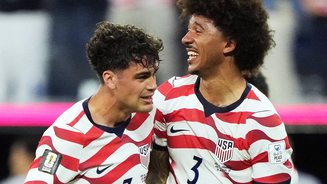  June 12, 2026; Inglewood, California, U.S.; Giovanni Reyna of the U.S. celebrates scoring their fourth goal with Chris Richards.  Mandatory Credit: Kirby Lee-Imagn Images 