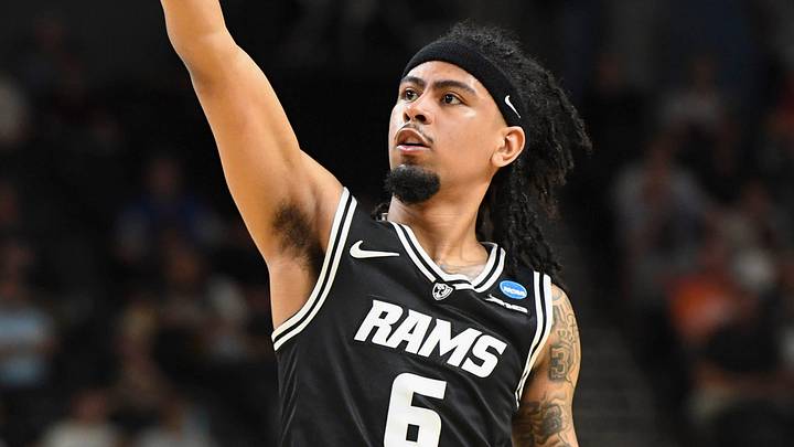 VCU Rams guard Terrence Hill Jr. (6) reacts after scoring Saturday, March 21, 2026, during the NCAA Men’s Basketball Tournament second round game against the Illinois Fighting Illini at Bon Secours Wellness Arena in Greenville, South Carolina.