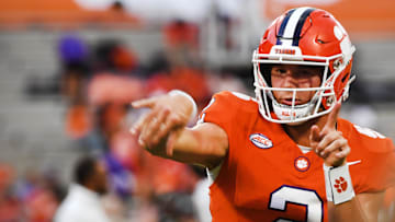 Sept 7, 2024; Clemson, SC, USA; The Clemson Tigers played the Appalachian State Mountaineers in college football Saturday, Sept. 7, 2024. Clemson quarterback Cade Klubnik (2) warms up. Mandatory Credit: Alex Hicks Jr./USA TODAY Sports via Imagn Images 