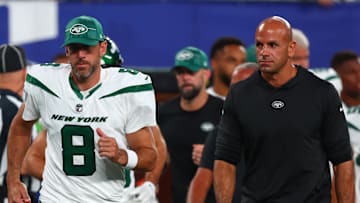 New York Jets quarterback Aaron Rodgers (8) and head coach Robert Saleh