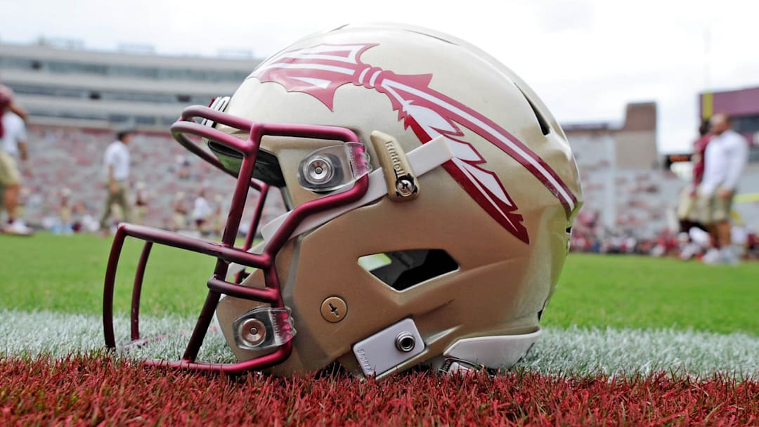 Oct 7, 2017; Tallahassee, FL, USA; View of a Florida State Seminoles helmet on the field before the game against the Miami Hurricanes at Doak Campbell Stadium. Mandatory Credit: Melina Vastola-Imagn Images