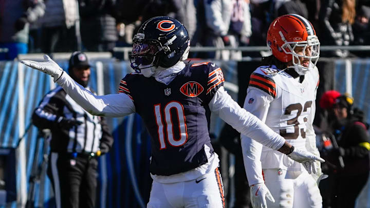 Dec 14, 2025; Chicago, Illinois, USA; Chicago Bears wide receiver Luther Burden III (10) celebrates after a first down during the first quarter against the Cleveland Browns at Soldier Field. Mandatory Credit: David Banks-Imagn Images