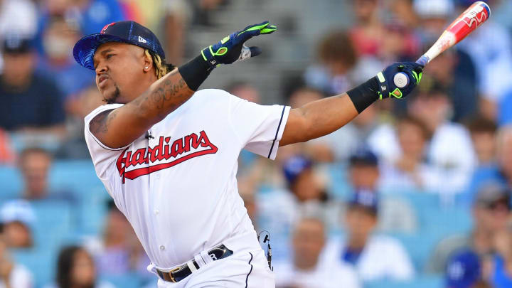 Jul 18, 2022; Los Angeles, CA, USA; Cleveland Guardians third baseman Jose Ramirez (11) hits in the first round during the 2022 Home Run Derby at Dodgers Stadium. Mandatory Credit: Gary Vasquez-USA TODAY Sports