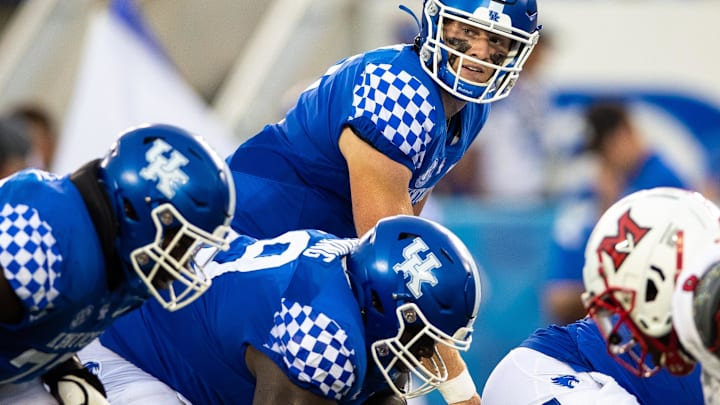 Sep 3, 2022; Lexington, Kentucky, USA; Kentucky Wildcats quarterback Will Levis (7) looks down the offense line during the first quarter against the Miami (Oh) Redhawks at Kroger Field. Mandatory Credit: Jordan Prather-Imagn Images