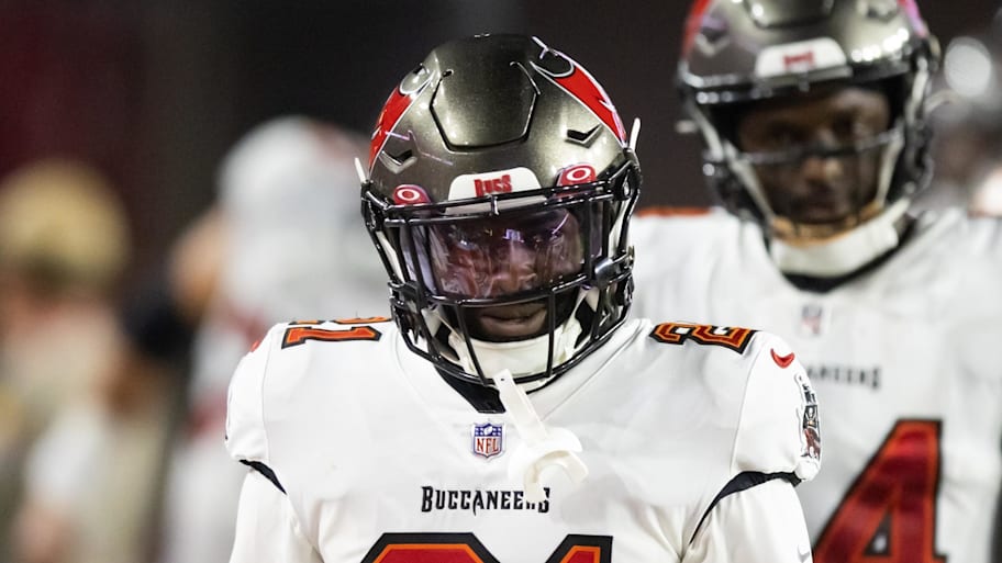 Dec 25, 2022; Glendale, Arizona, USA; Tampa Bay Buccaneers running back Ke'Shawn Vaughn (21) against the Arizona Cardinals at State Farm Stadium. Mandatory Credit: Mark J. Rebilas-Imagn Images | Mark J. Rebilas-Imagn Images