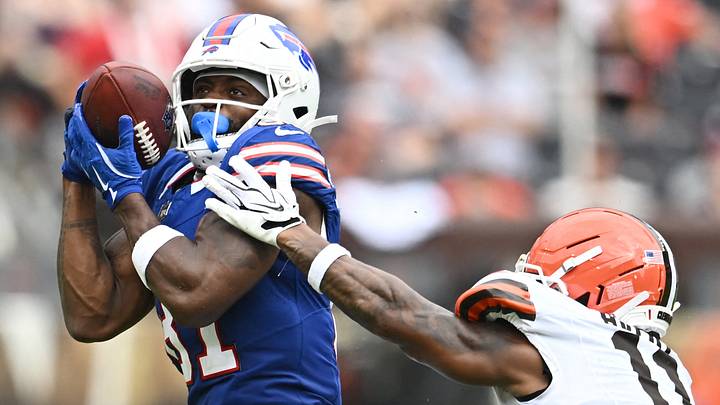 Aug 22, 2026; Cleveland, Ohio, USA; Buffalo Bills wide receiver Trent Sherfield (81) catches a pass as Cleveland Browns cornerback Tre Avery (11) defends during the first half at Huntington Bank Field. Mandatory Credit: Ken Blaze-Imagn Images