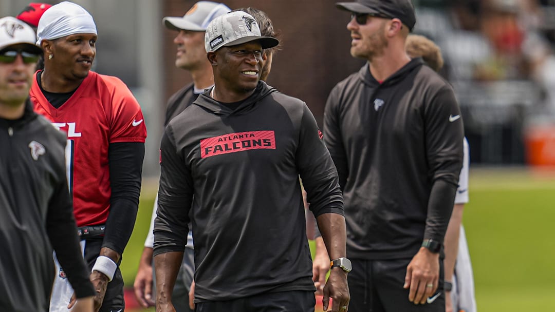 Jun 11, 2025; Atlanta, GA, USA; Atlanta Falcons head coach Raheem Morris reacts on the field during Minicamp at Children's Healthcare of Atlanta Training Ground. Mandatory Credit: Dale Zanine-Imagn Images
