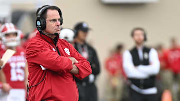 Oct 25, 2025; Bloomington, Indiana, USA; Indiana Hoosiers head coach Curt Cignetti watches game play during the second half against the UCLA Bruins at Memorial Stadium. Mandatory Credit: Robert Goddin-Imagn Images