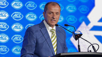 Jul 22, 2025; Charlotte, NC, USA; ACC commissioner Jim Phillips speaks to the media during ACC Media Days at Hilton Charlotte Uptown. Mandatory Credit: Jim Dedmon-Imagn Images