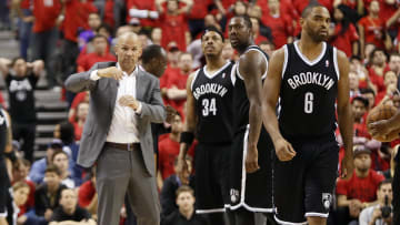 May 4, 2014; Toronto, Ontario, CAN; Brooklyn Nets head coach Jason Kidd  and forward Paul Pierce (34) and center-forward Andray Blatche (0) and forward-guard Alan Anderson (6) during a break in the action against the Toronto Raptors in game seven of the first round of the 2014 NBA Playoffs at the Air Canada Centre. Brooklyn defeated Toronto 104-103. Mandatory Credit: John E. Sokolowski-USA TODAY Sports