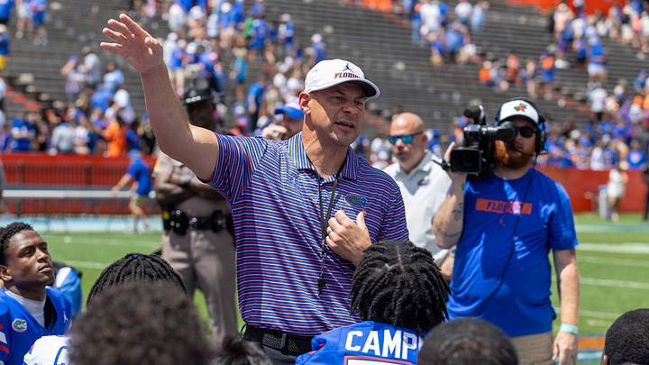 Florida head coach Jon Sumrall speaks to the team after the Orange and Blue game at Steve Spurrier Field at Ben Hill Griffin Stadium in Gainesville, FL on Saturday, April 11, 2026. [Alan Youngblood/Gainesville Sun]
