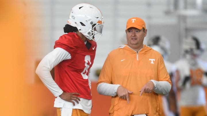 Tennessee’s Nico Iamaleava (8) and Tennessee head coach Josh Heupel during Tennessee football’s first fall practice, in Knoxville, Tenn., Wednesday, July 31, 2024.