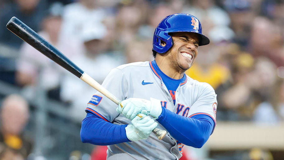 New York Mets right fielder Juan Soto (22) reacts after fouling off a ball off his lower extremity during the fourth inning against the San Diego Padres at Petco Park.  | David Frerker-Imagn Images