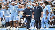 Nov 22, 2025; Chapel Hill, North Carolina, USA; North Carolina Tar Heels head coach Bill Belichick watches play during the first half at Kenan Stadium. Mandatory Credit: William Howard-Imagn Images