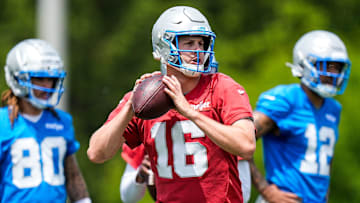 Detroit Lions quarterback Jared Goff (16) practices during OTAs at Meijer Performance Center in Allen Park on Friday, May 30, 2025.