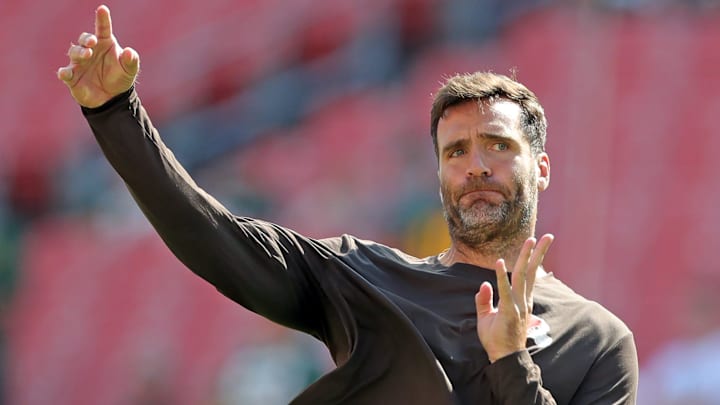 Cleveland Browns quarterback Joe Flacco gets warmed up before an NFL football game at Huntington Bank Field, Sept. 21, 2025, in Cleveland, Ohio. Cleveland Browns quarterback Joe Flacco gets warmed up before an NFL football game at Huntington Bank Field, Sept. 21, 2025, in Cleveland, Ohio.