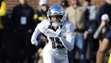 Nov 2, 2024; Ann Arbor, Michigan, USA;  Oregon Ducks wide receiver Tez Johnson (15) runs a route against the Michigan Wolverines at Michigan Stadium.
