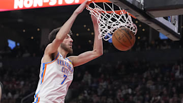 Mar 22, 2024; Toronto, Ontario, CAN; Oklahoma City Thunder forward Chet Holmgren (7) dunks a ball against the Toronto Raptors during the first half at Scotiabank Arena. Mandatory Credit: John E. Sokolowski-Imagn Images