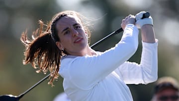 Nov 13, 2024; Belleair, Florida, USA; Indiana Fever guard Caitlin Clark (22) participates in The Annika golf tournament Pro Am at Pelican Golf Club. Mandatory Credit: Nathan Ray Seebeck-Imagn Images