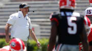 Georgia coach Kirby Smart looks on during the G-Day spring football game in Athens, Ga., on Saturday, April 13, 2024.