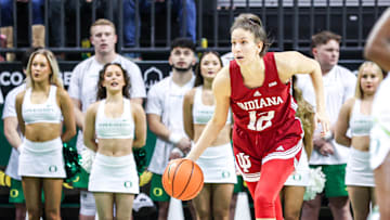 Indiana guard Yarden Garzon, shown here playing at Oregon on Jan. 24, 2025, scored a career-high 35 points against Washington on Jan. 27, 2025 at Alaska Airlines Arena in Seattle.