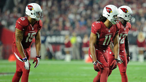 Arizona Cardinals wide receivers Michael Floyd (15) and Larry Fitzgerald (11) line up against the Seattle Seahawks at Univers