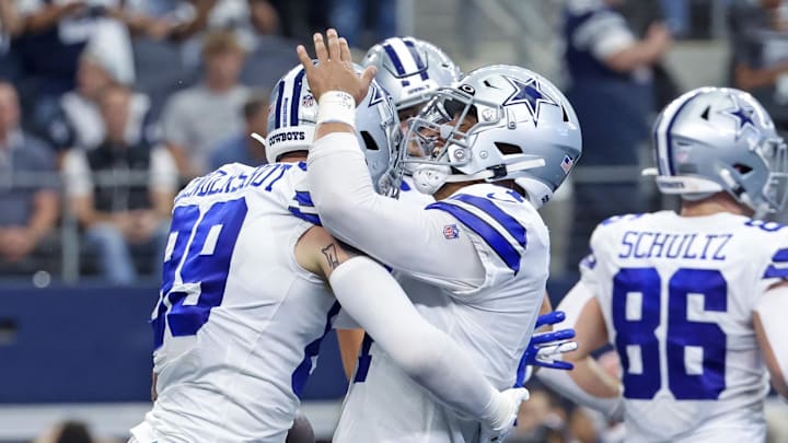 Oct 23, 2022; Arlington, Texas, USA; Dallas Cowboys quarterback Dak Prescott (4) celebrates with  tight end Peyton Hendershot (89) after a touchdown  during the fourth quarter against the Detroit Lions at AT&T Stadium. Mandatory Credit: Kevin Jairaj-Imagn Images