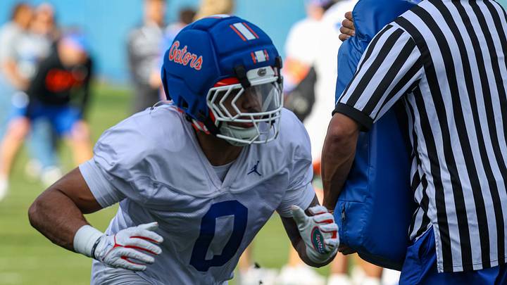 Florida Jayden Woods (0) works out during the first day of Florida Spring football practice at Heavener Football Center in Gainesville, FL on Tuesday, March 3, 2026. [Alan Youngblood/Gainesville Sun]