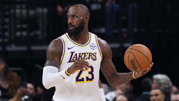 Nov 23, 2025; Salt Lake City, Utah, USA; Los Angeles Lakers forward LeBron James (23) looks for the play against the Utah Jazz during the second half at Delta Center. Mandatory Credit: Rob Gray-Imagn Images
