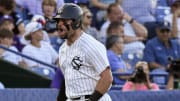 May 23 2024; Hoover, AL, USA; South Carolina batter Cole Messina (19) celebrates his grand slam against LSU at the Hoover Met during the SEC Tournament.