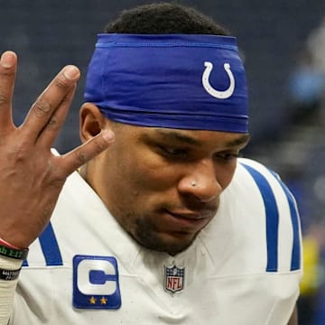 Indianapolis Colts quarterback Anthony Richardson (5) celebrates as he leaves the field Sunday, Dec. 22, 2024, after winning a game against the Tennessee Titans at Lucas Oil Stadium in Indianapolis.
