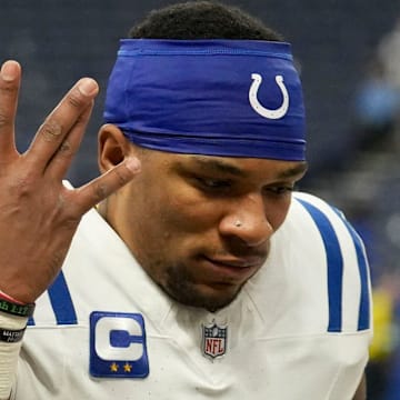 Indianapolis Colts quarterback Anthony Richardson (5) celebrates as he leaves the field Sunday, Dec. 22, 2024, after winning a game against the Tennessee Titans at Lucas Oil Stadium in Indianapolis.