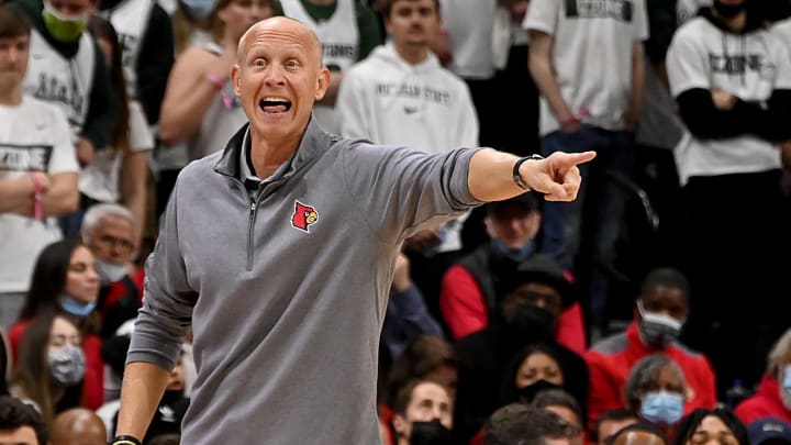 Dec 1, 2021; East Lansing, Michigan, USA;  Louisville Cardinals head coach Chris Mack shouts